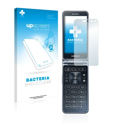 Face avant d’un emballage produit avec le logo de la marque upscreen. À côté, l’appareil Samsung Galaxy Folder 2 est représent