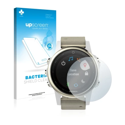 Face avant d’un emballage produit avec le logo de la marque upscreen. À côté, l’appareil Garmin Fenix 5S (42 mm) est représent
