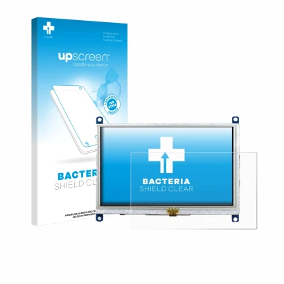 Face avant d’un emballage produit avec le logo de la marque upscreen. À côté, l’appareil Raspberry Pi Touchscreen 5" est repré