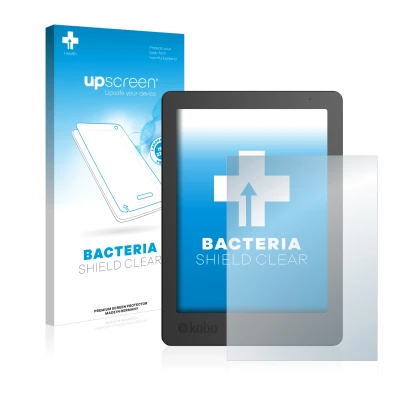 Face avant d’un emballage produit avec le logo de la marque upscreen. À côté, l’appareil Kobo Aura Edition 2 est représenté av