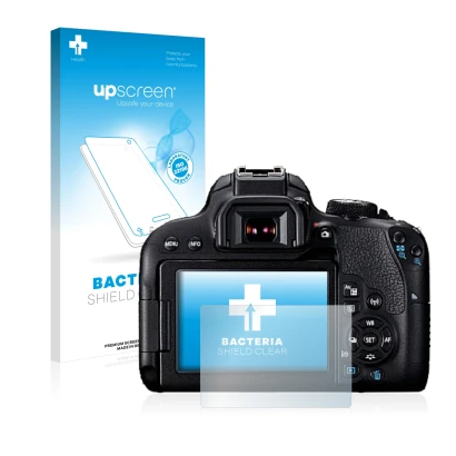Face avant d’un emballage produit avec le logo de la marque upscreen. À côté, l’appareil Canon EOS 800D est représenté avec la