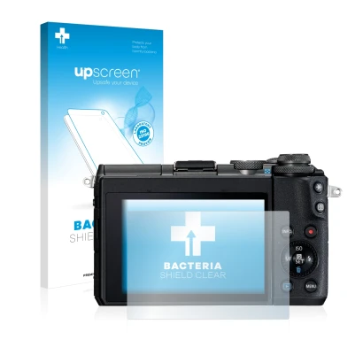 Face avant d’un emballage produit avec le logo de la marque upscreen. À côté, l’appareil Canon EOS M6 est représenté avec la p