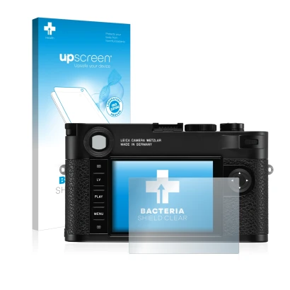 Face avant d’un emballage produit avec le logo de la marque upscreen. À côté, l’appareil Leica M10 est représenté avec la prot