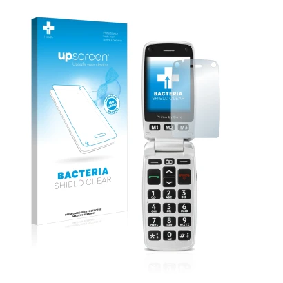 Face avant d’un emballage produit avec le logo de la marque upscreen. À côté, l’appareil Doro Primo 413 est représenté avec la