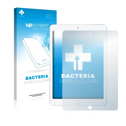 Face avant d’un emballage produit avec le logo de la marque upscreen. À côté, l’appareil Apple iPad 9.7 2017 (5ème Gen.) est r