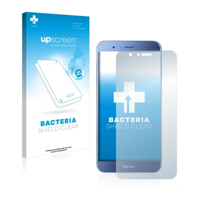 Face avant d’un emballage produit avec le logo de la marque upscreen. À côté, l’appareil Honor 8 Pro est représenté avec la pr