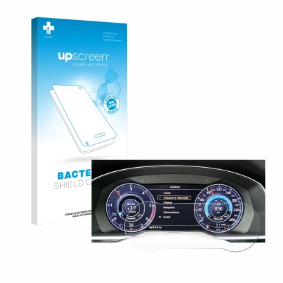 Face avant d’un emballage produit avec le logo de la marque upscreen. À côté, l’appareil Volkswagen Tiguan 2017 Active Info Co