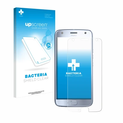 Face avant d’un emballage produit avec le logo de la marque upscreen. À côté, l’appareil Motorola Moto X4 est représenté avec 