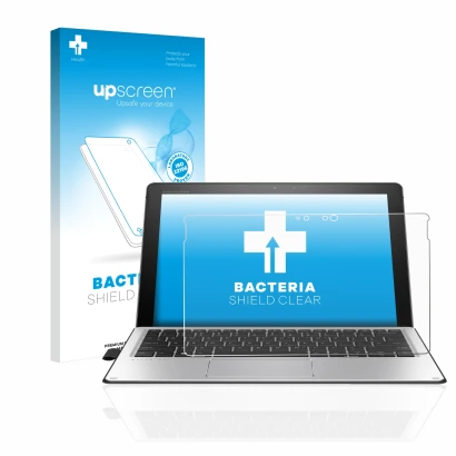 Face avant d’un emballage produit avec le logo de la marque upscreen. À côté, l’appareil HP Elite x2 1012 G2 est représenté av