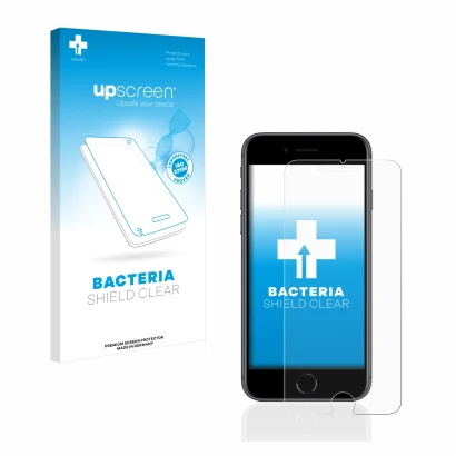 Face avant d’un emballage produit avec le logo de la marque upscreen. À côté, l’appareil Apple iPhone 8 est représenté avec la