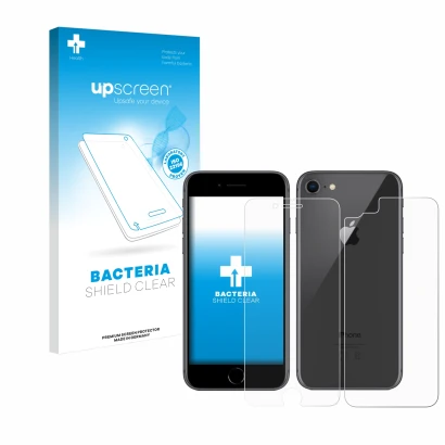 Face avant d’un emballage produit avec le logo de la marque upscreen. À côté, l’appareil Apple iPhone 8 (Avant+Arrière) est re