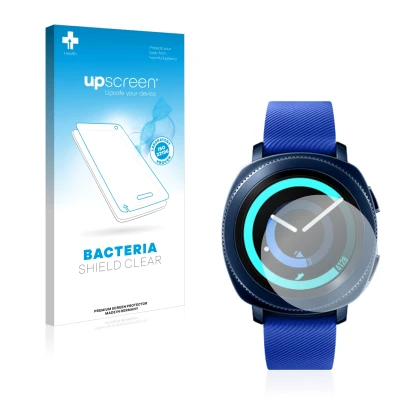 Face avant d’un emballage produit avec le logo de la marque upscreen. À côté, l’appareil Samsung Gear Sport est représenté ave