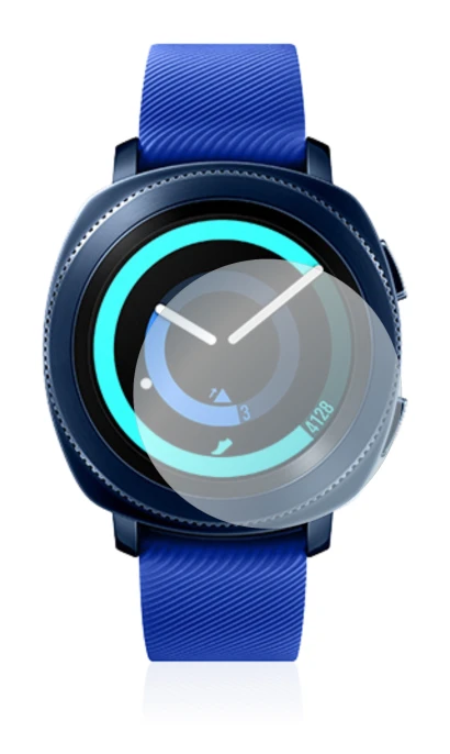 Image de l'appareil Samsung Gear Sport avec une grande variété de protections d'écran.