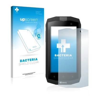 Face avant d’un emballage produit avec le logo de la marque upscreen. À côté, l’appareil Crosscall Trekker M1 est représenté a