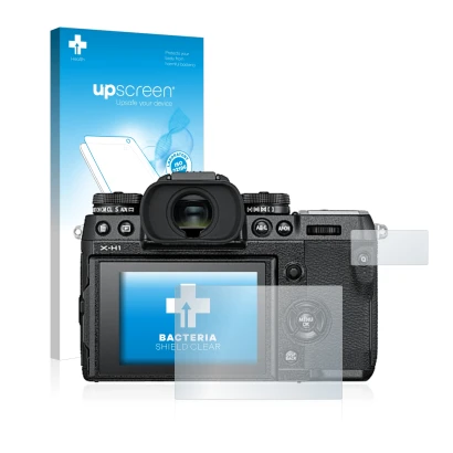 Face avant d’un emballage produit avec le logo de la marque upscreen. À côté, l’appareil Fujifilm X-H1 est représenté avec la