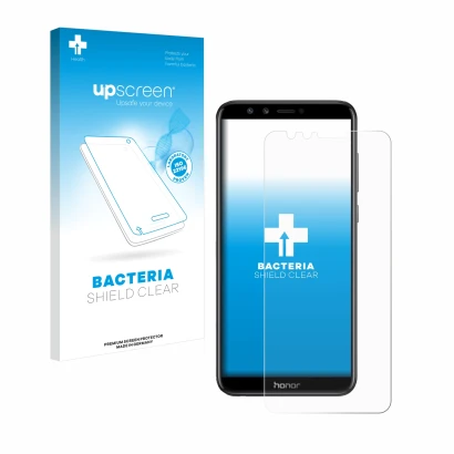 Face avant d’un emballage produit avec le logo de la marque upscreen. À côté, l’appareil Honor 9 Lite est représenté avec la p