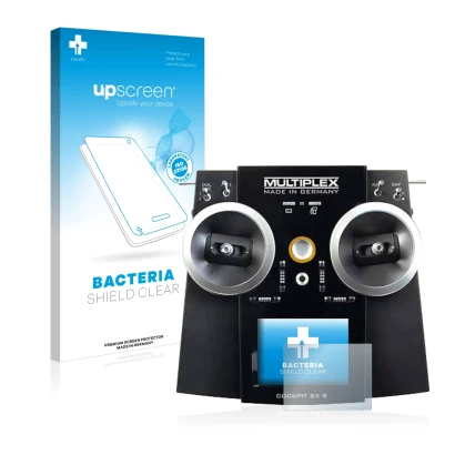 Face avant d’un emballage produit avec le logo de la marque upscreen. À côté, l’appareil Multiplex Cockpit SX9 est représenté