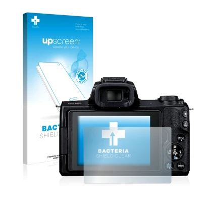 Face avant d’un emballage produit avec le logo de la marque upscreen. À côté, l’appareil Canon EOS M50 est représenté avec la 