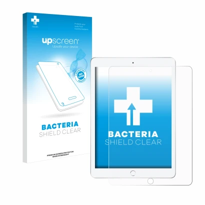 Face avant d’un emballage produit avec le logo de la marque upscreen. À côté, l’appareil Apple iPad 9.7" 2018 (6ème Gen.) est 