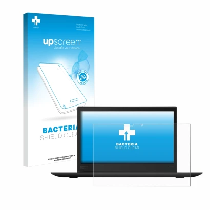 Face avant d’un emballage produit avec le logo de la marque upscreen. À côté, l’appareil Lenovo ThinkPad X1 Yoga (3ème Gen.) e