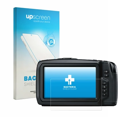Face avant d’un emballage produit avec le logo de la marque upscreen. À côté, l’appareil Blackmagic Pocket Cinema Camera 4K es