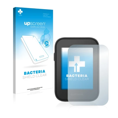 Face avant d’un emballage produit avec le logo de la marque upscreen. À côté, l’appareil Garmin Approach G30 est représenté av