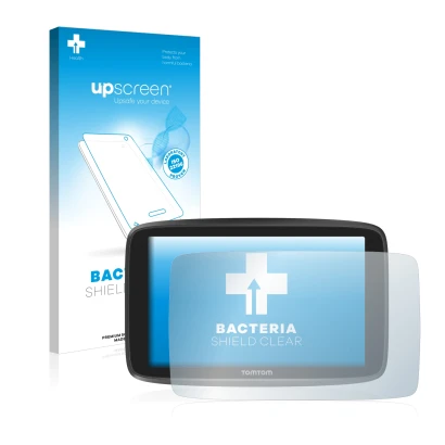 Face avant d’un emballage produit avec le logo de la marque upscreen. À côté, l’appareil TomTom GO Camper est représenté avec