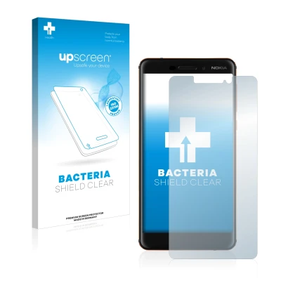 Face avant d’un emballage produit avec le logo de la marque upscreen. À côté, l’appareil Nokia 6.1 est représenté avec la prot