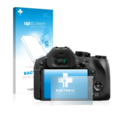 Face avant d’un emballage produit avec le logo de la marque upscreen. À côté, l’appareil Panasonic Lumix DMC-FZ330 est représe