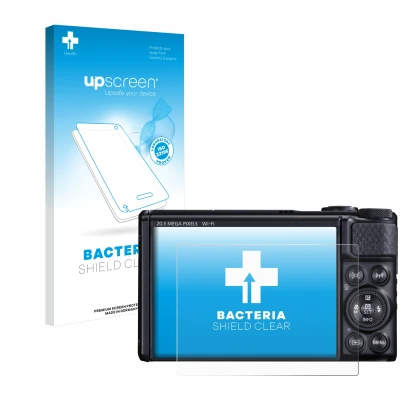 Face avant d’un emballage produit avec le logo de la marque upscreen. À côté, l’appareil Canon PowerShot SX740 HS est représen