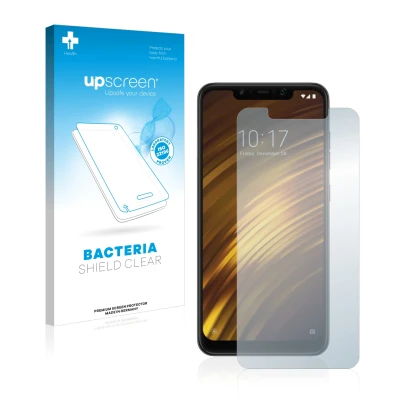 Face avant d’un emballage produit avec le logo de la marque upscreen. À côté, l’appareil Xiaomi Pocophone F1 est représenté av