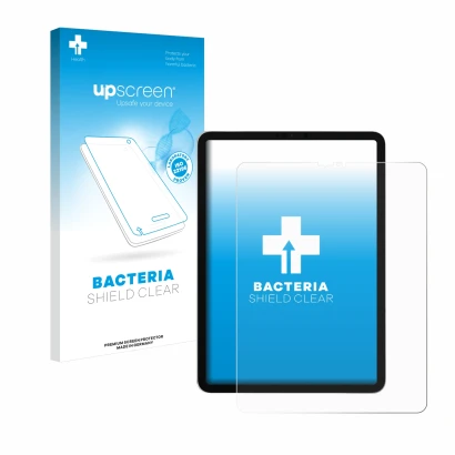 Face avant d’un emballage produit avec le logo de la marque upscreen. À côté, l’appareil Apple iPad Pro 12.9" 2018 (3ème Gen.)