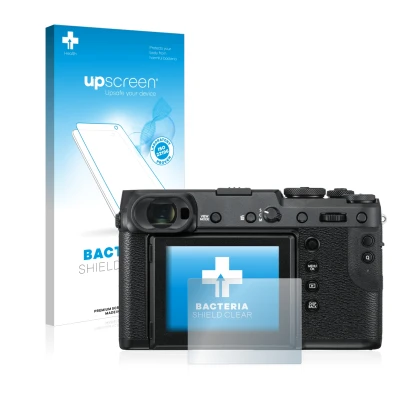 Face avant d’un emballage produit avec le logo de la marque upscreen. À côté, l’appareil Fujifilm GFX 50R est représenté avec 