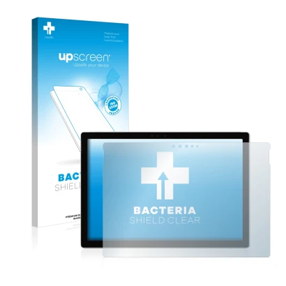 Face avant d’un emballage produit avec le logo de la marque upscreen. À côté, l’appareil Microsoft Surface Pro 6 est représent