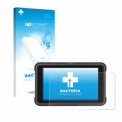 Face avant d’un emballage produit avec le logo de la marque upscreen. À côté, l’appareil Atomos Ninja V est représenté avec la
