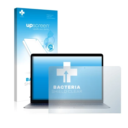 Face avant d’un emballage produit avec le logo de la marque upscreen. À côté, l’appareil Apple MacBook Air 13" 2018 est représ