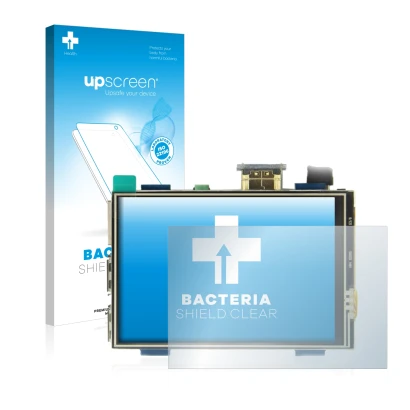 Face avant d’un emballage produit avec le logo de la marque upscreen. À côté, l’appareil Raspberry Pi Touchscreen (3.5") est r