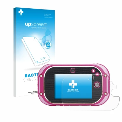 Face avant d’un emballage produit avec le logo de la marque upscreen. À côté, l’appareil Vtech Kidizoom Touch 5.0 2018 est rep