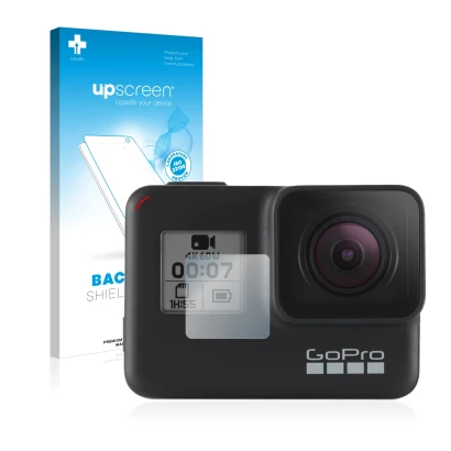 Face avant d’un emballage produit avec le logo de la marque upscreen. À côté, l’appareil GoPro Hero 7 Black (Affichage avant) 