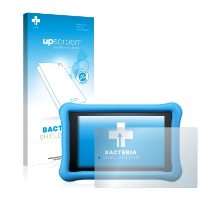 Face avant d’un emballage produit avec le logo de la marque upscreen. À côté, l’appareil Amazon Fire HD 8 Kids Edition 2018 (8