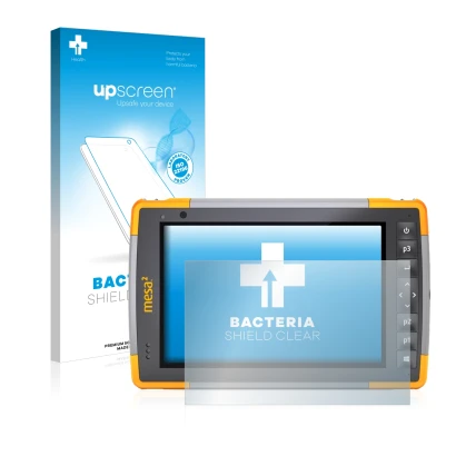 Face avant d’un emballage produit avec le logo de la marque upscreen. À côté, l’appareil Juniper Systems Mesa 2 Rugged Tablet