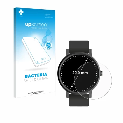 Face avant d’un emballage produit avec le logo de la marque upscreen. À côté, l’appareil Circulaire Displays (ø: 20 mm) est re