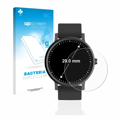 Face avant d’un emballage produit avec le logo de la marque upscreen. À côté, l’appareil Circulaire Displays (ø: 29 mm) est re