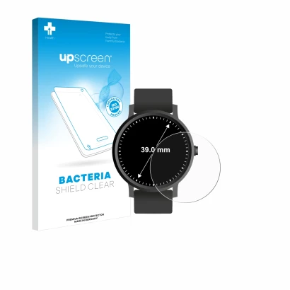 Face avant d’un emballage produit avec le logo de la marque upscreen. À côté, l’appareil Circulaire Displays (ø: 39 mm) est re