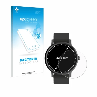 Face avant d’un emballage produit avec le logo de la marque upscreen. À côté, l’appareil Circulaire Displays (ø: 42 mm) est re