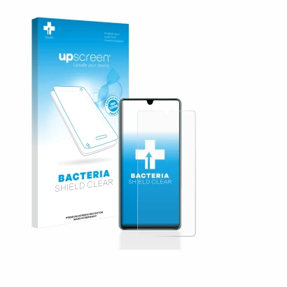 Face avant d’un emballage produit avec le logo de la marque upscreen. À côté, l’appareil Huawei P30 est représenté avec la pro