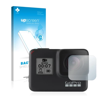 Face avant d’un emballage produit avec le logo de la marque upscreen. À côté, l’appareil GoPro Hero 7 Black (Lentille) est rep