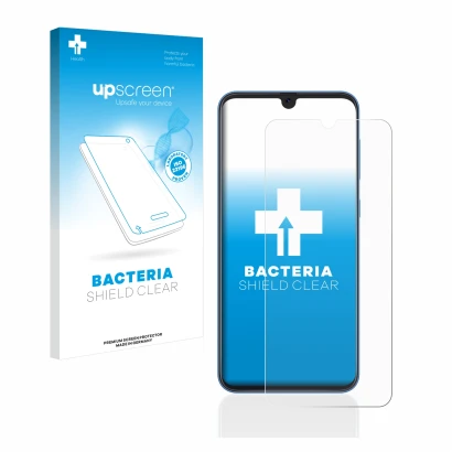 Face avant d’un emballage produit avec le logo de la marque upscreen. À côté, l’appareil Samsung Galaxy A50 est représenté ave