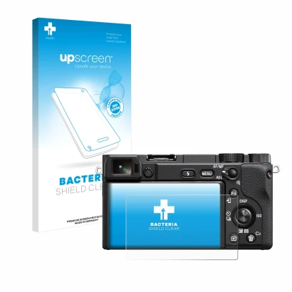 Face avant d’un emballage produit avec le logo de la marque upscreen. À côté, l’appareil Sony Alpha 6400 est représenté avec l