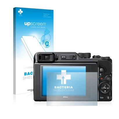Face avant d’un emballage produit avec le logo de la marque upscreen. À côté, l’appareil Nikon Coolpix A1000 est représenté av